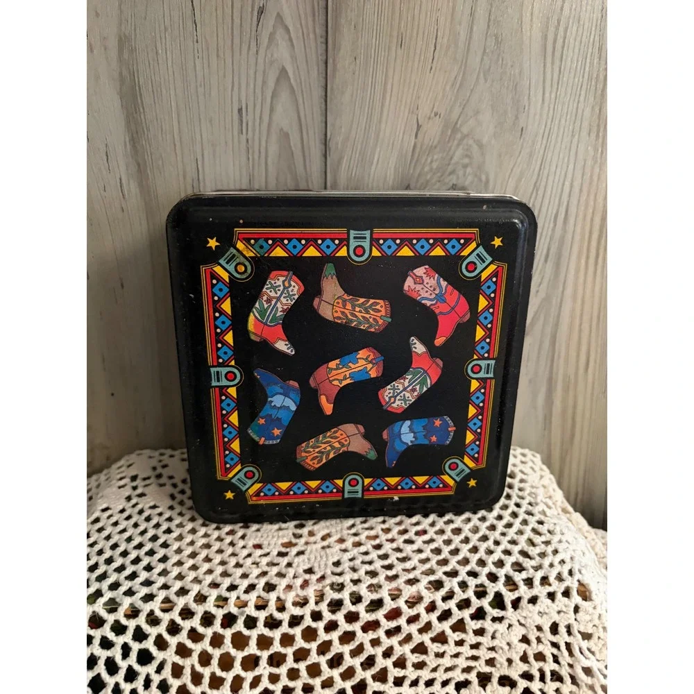 Vintage Cowboy Boot Metal Storage Tin Western Southwestern Collectible Box 6x6